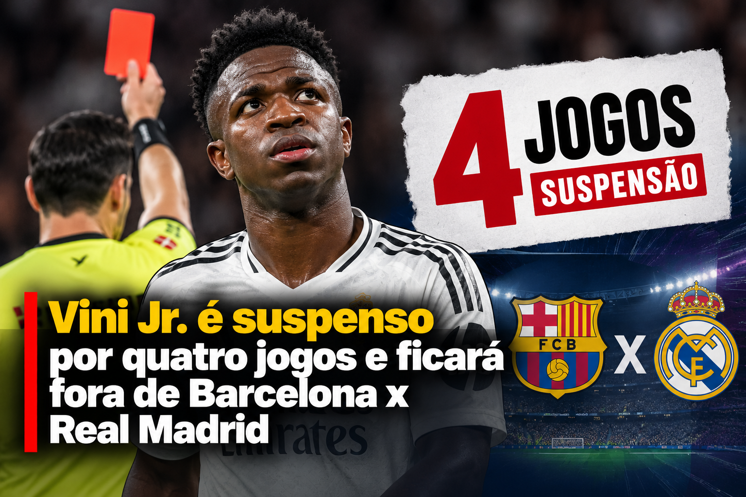 Vini Jr. é suspenso por quatro jogos e ficará fora de Barcelona x Real Madrid